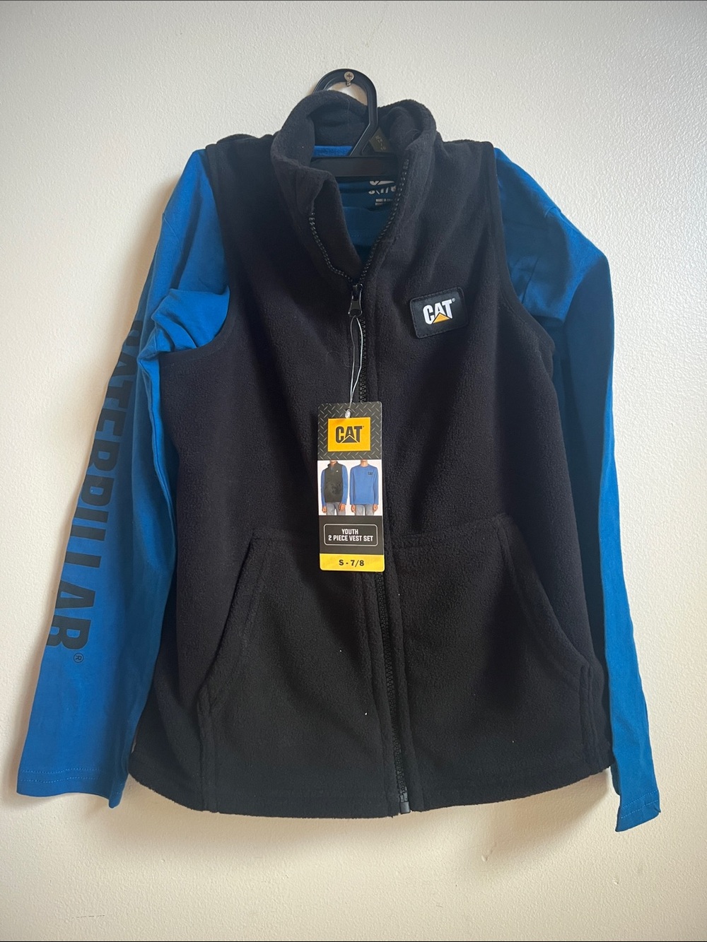 Caterpillar Black Fleece Vest with Blue Long Sleeve Shirt